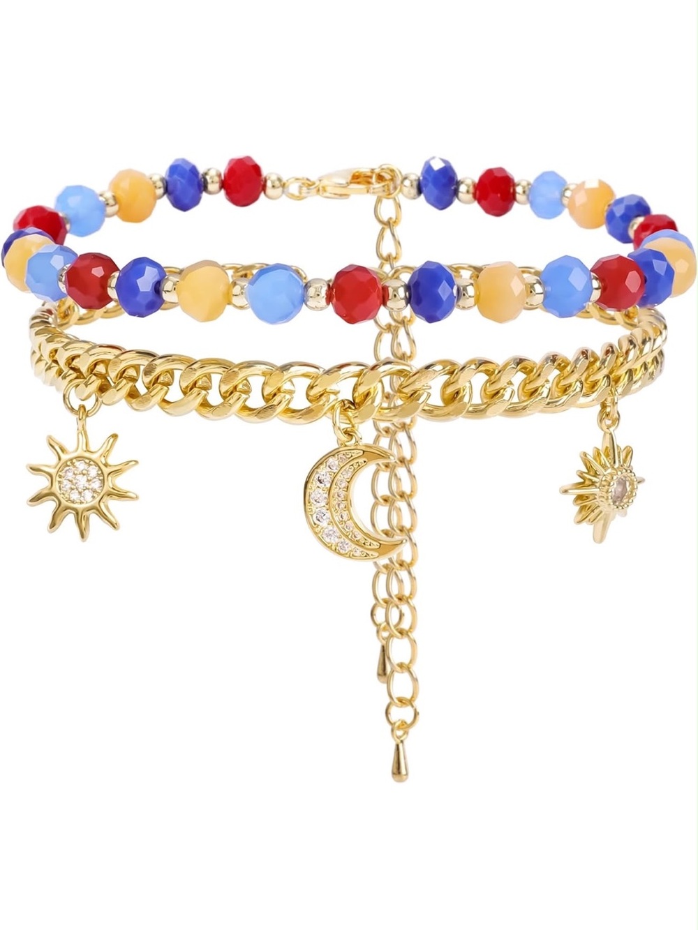 Anthropologie Gold Tone Charm Chain and Multicolor Beaded Bracelet Set